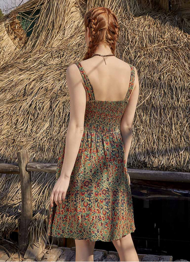 Double Breasted Neck Line Shirred Waist Bohemian Green Pattern Sundress