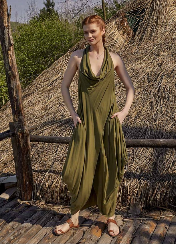 Bohemian Stylish Authentic Degaje Neck Khaki Dress