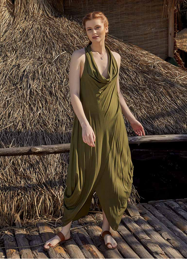 Bohemian Stylish Authentic Degaje Neck Khaki Dress