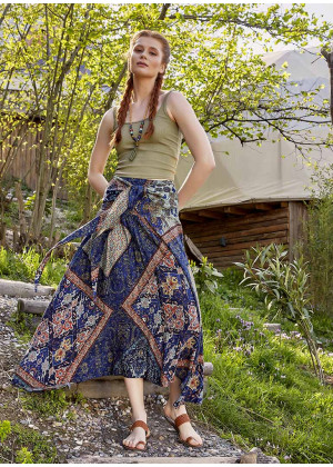 Blue Patterned Loose Asymmetric Skirt
