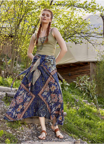 Blue Patterned Loose Asymmetric Skirt