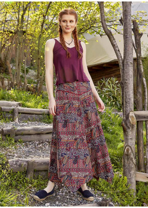 Ethnic Print Asymmetrical Hem Cotton Midi Skirt