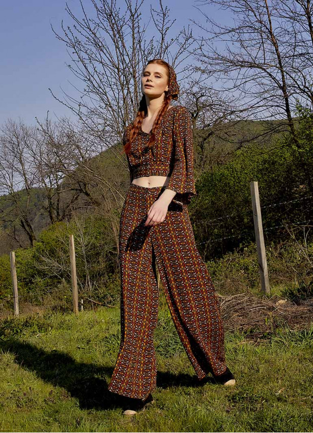 High Rise Wide Leg Mustard Rug pattern Palazzo Pants