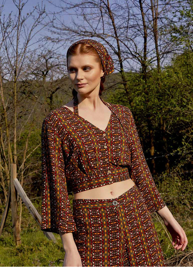 Shirred Back  Long Sleeve Mustard Patterned Bohemian Crop Top