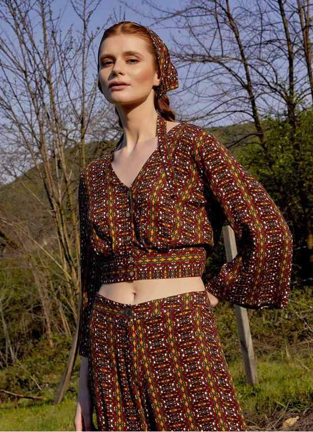 Shirred Back  Long Sleeve Mustard Patterned Bohemian Crop Top