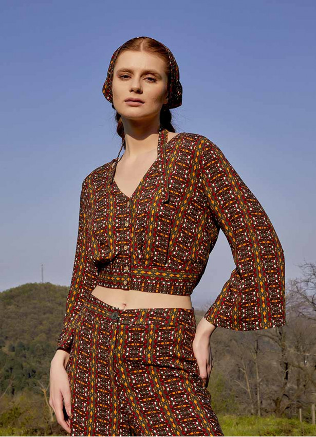 Shirred Back  Long Sleeve Mustard Patterned Bohemian Crop Top