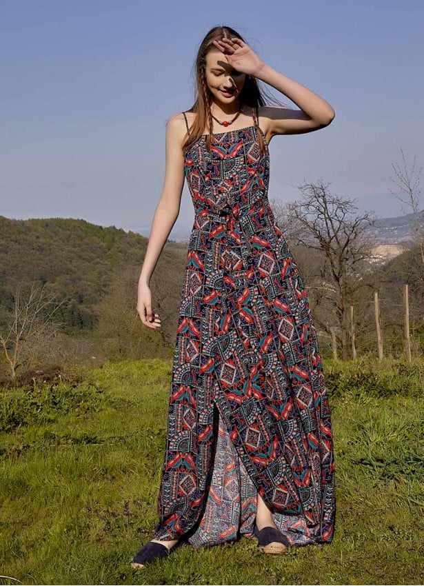 Blue Patterned Strappy Wrap Maxi Dress