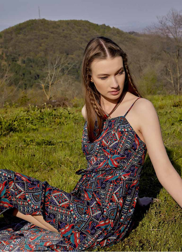 Blue Patterned Strappy Wrap Maxi Dress
