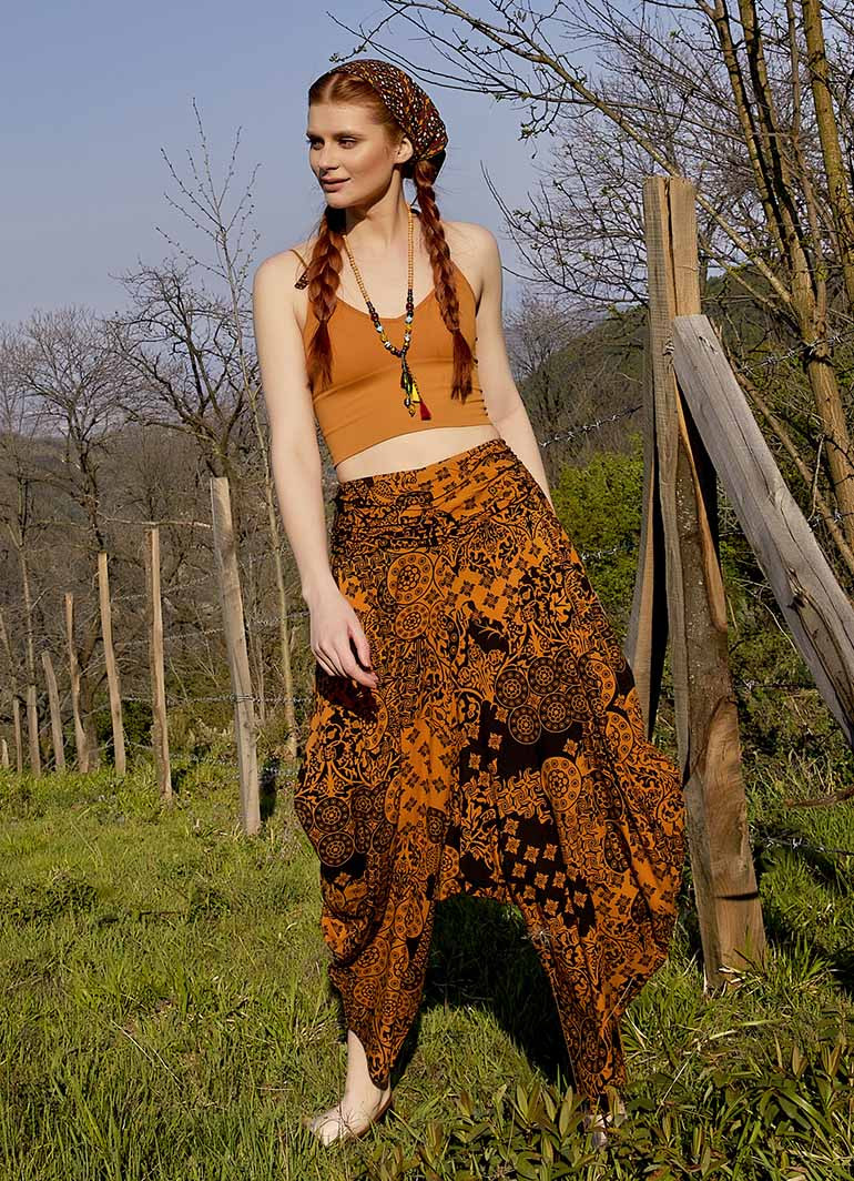 Women Orange Patterned Baggy Pants with Draped Wholesale Boho Clothing