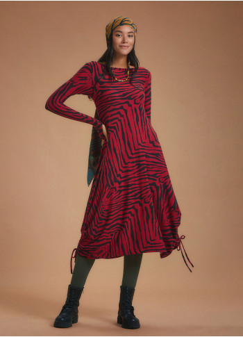 Boat Neck Thumb Hole Side Strings Red Pattern Dress