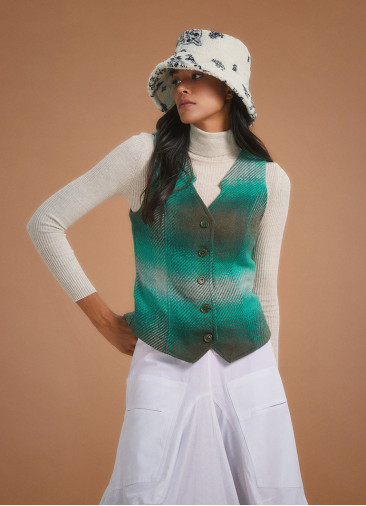 Neckline And Color Button Detailed Slim Fit Green Vest