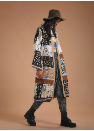 Brown Patchwork Kimono Style Long Cardigan