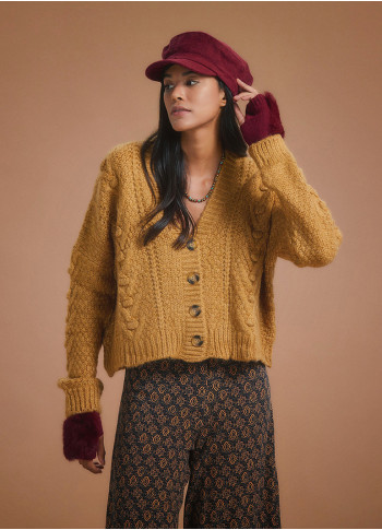 Mustard Color Cropped Cable Knit Cardigan
