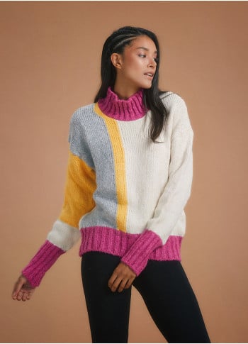Knitted Turtle Neck Color Block Sweater