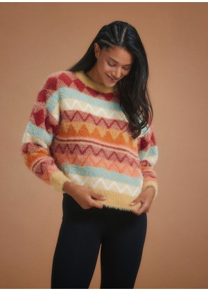 Retro Multicolored Zigzag Patterned Fuzzy Sweater