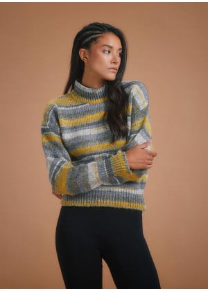 Turtle Neck Knitted Gray Striped Sweater