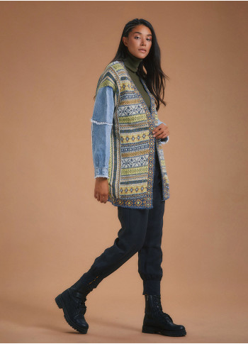 Denim Sleeve Detail Ethnic Print Oversize Cardigan