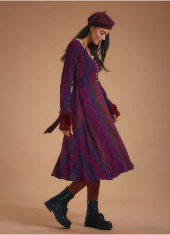 Boho Style Ruffle Sleeve Maroon Patterned Dress