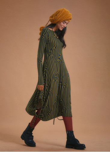 Boat Neck Thumb Hole Side Strings Khaki Pattern Dress