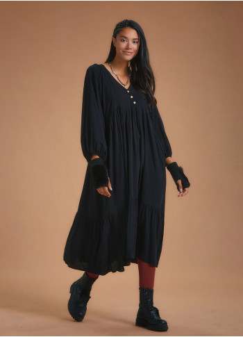 Long Puff Sleeve Black Long Tiered Dress