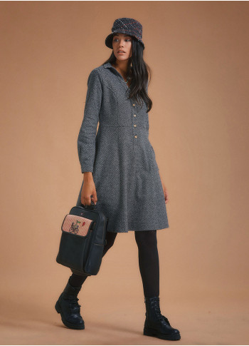 Shirt Collar Long Sleeve Gray Fit And Flare Dress