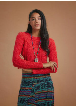 Round Neck Cable Knit  Red Crop Sweater