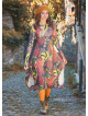 Boat Neck Thumb Hole Side Strings Yellow Pattern Dress