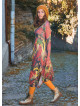 Boat Neck Thumb Hole Side Strings Yellow Pattern Dress
