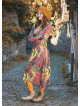 Boat Neck Thumb Hole Side Strings Yellow Pattern Dress
