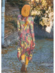 Boat Neck Thumb Hole Side Strings Yellow Pattern Dress