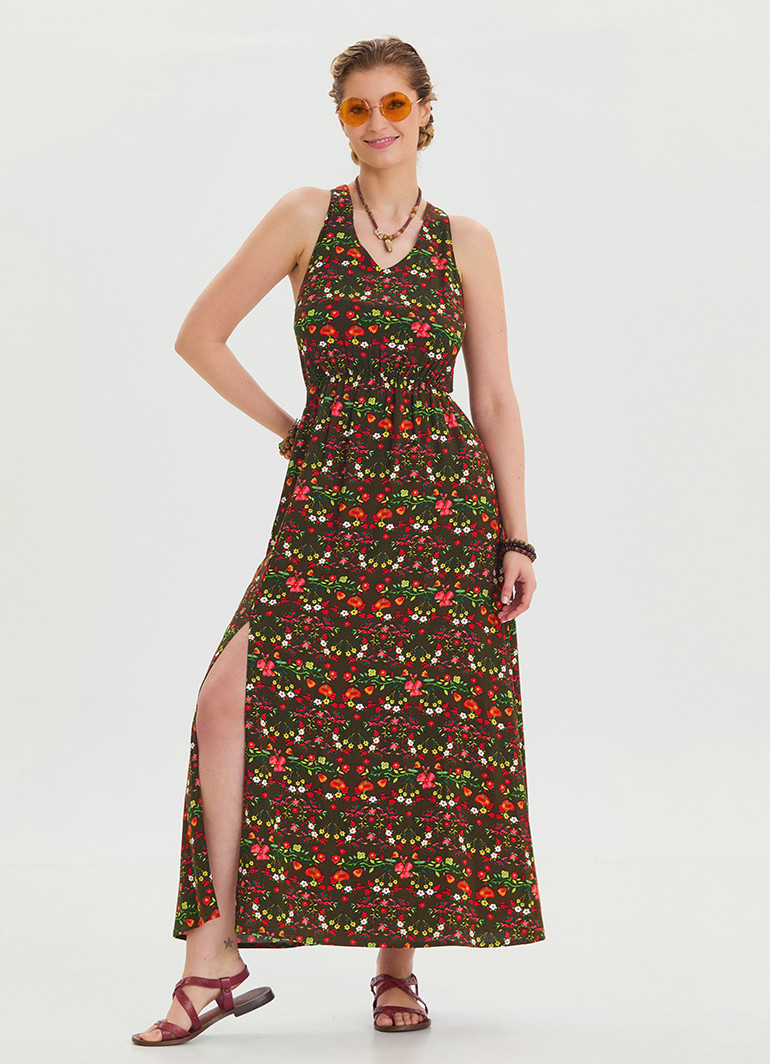 green floral slit dress WEDTREND Women Sage Green Floral Long Prom Dress with Slit A-Line Halter  Beaded Tiered Keyhole Wedding Party Dress with Ruffles main image 1
