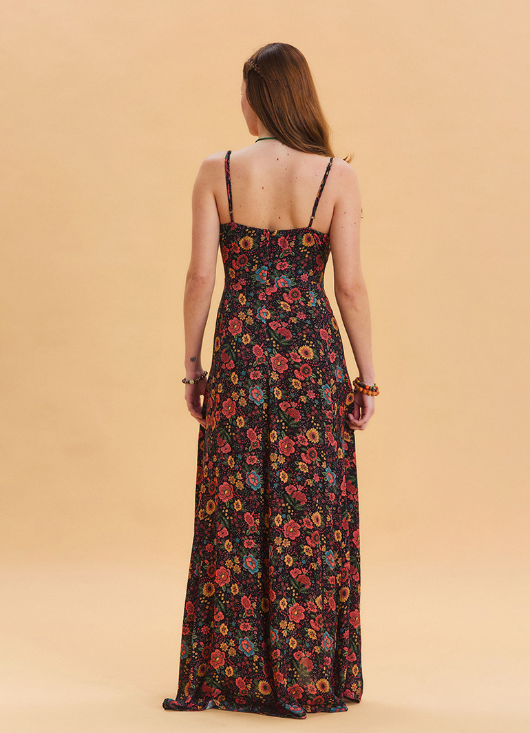Thin Strap Waist Tie Black Floral Dress 4549 Thin Strap Waist Tie Black Floral Dress 4549