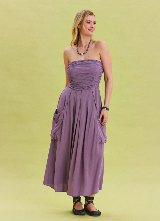 purple strapless dress with pockets Strapless Chest Pocket Detailed Lilac Flared Dress 4460
