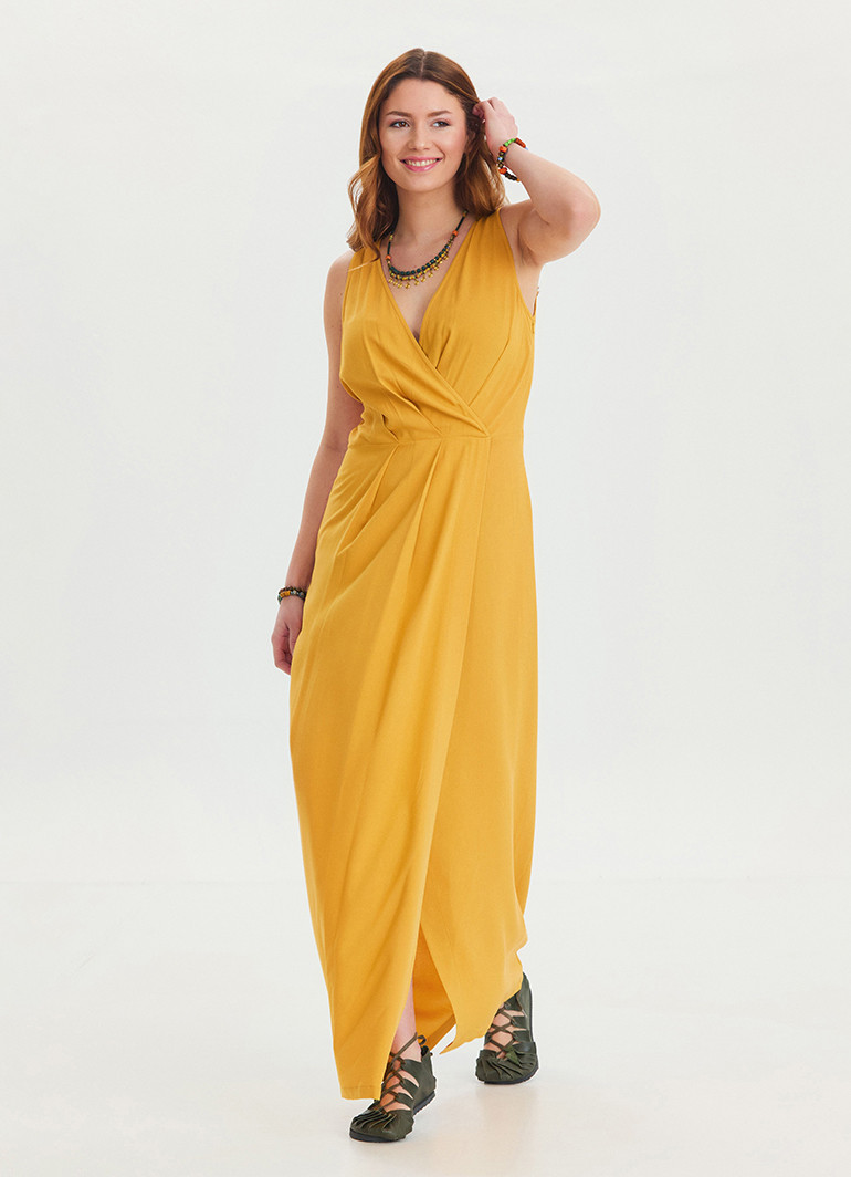 chinese dress ladies Yellow Ruched Strapless Maxi Dress with Slit – Selene Dress main image 1