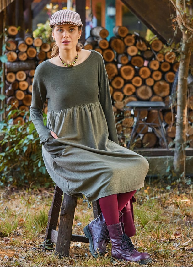 Crew Neck Pocket Finger Strap Khaki Winter Dress 4736