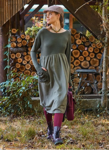 Crew Neck Pocket Finger Strap Khaki Winter Dress 4736