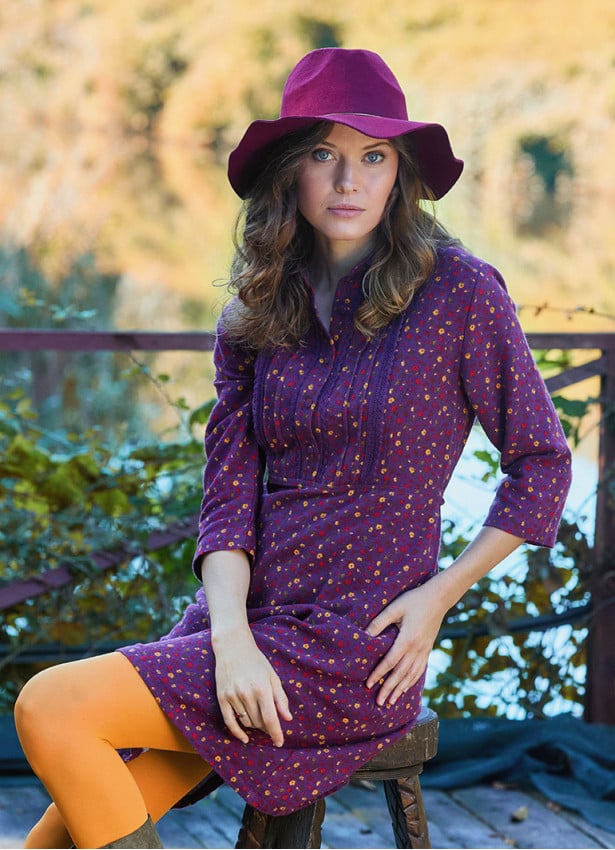 Shirt Collar Button Detailed Lace Purple Flannel Dress 4698