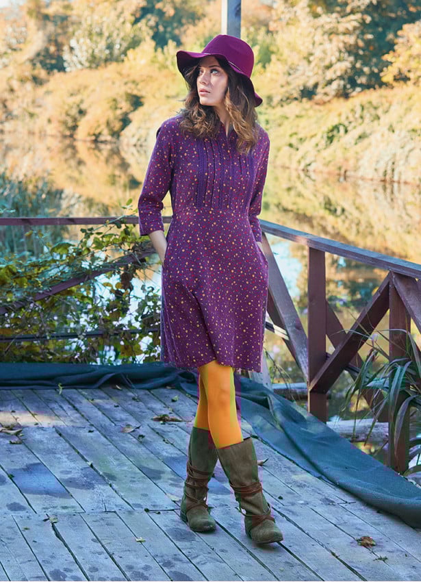 Shirt Collar Button Detailed Lace Purple Flannel Dress 4698