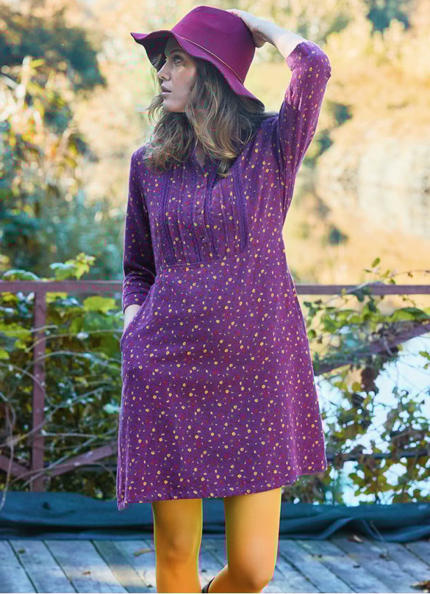 Shirt Collar Button Detailed Lace Purple Flannel Dress 4698