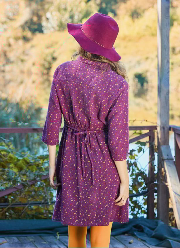 Shirt Collar Button Detailed Lace Purple Flannel Dress 4698