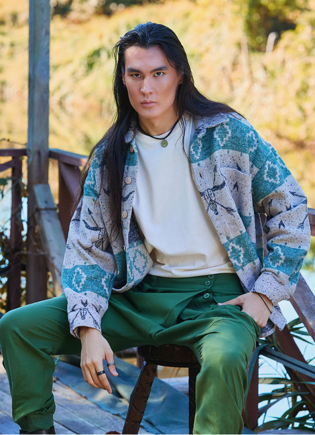 Relaxed Cut Long Sleeve Green Patterned Mens Shirt 4767