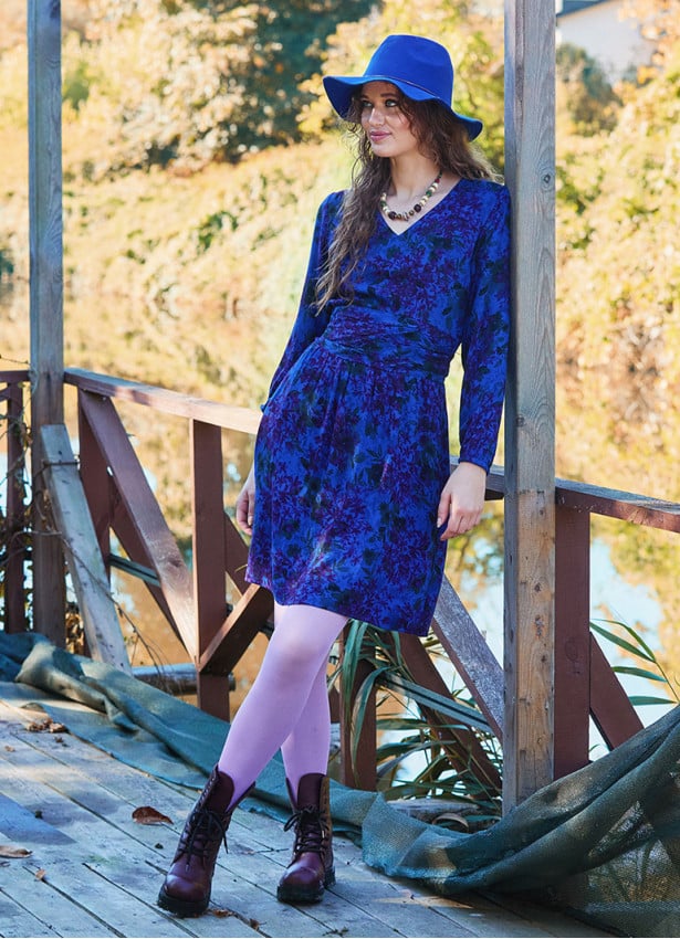 V Neck Draped Belt Detailed Saxe Winter Dress 4703