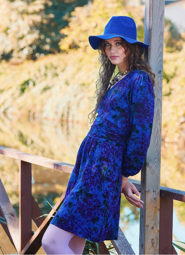 V Neck Draped Belt Detailed Saxe Winter Dress 4703