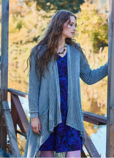 Asymmetrical Cut Gray Bohemian Cardigan with Pockets 4758