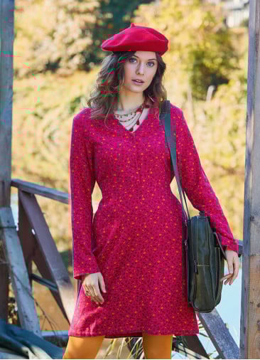 Fuchsia Flannel Dress with a Grandad Collar and Button Detail 4729