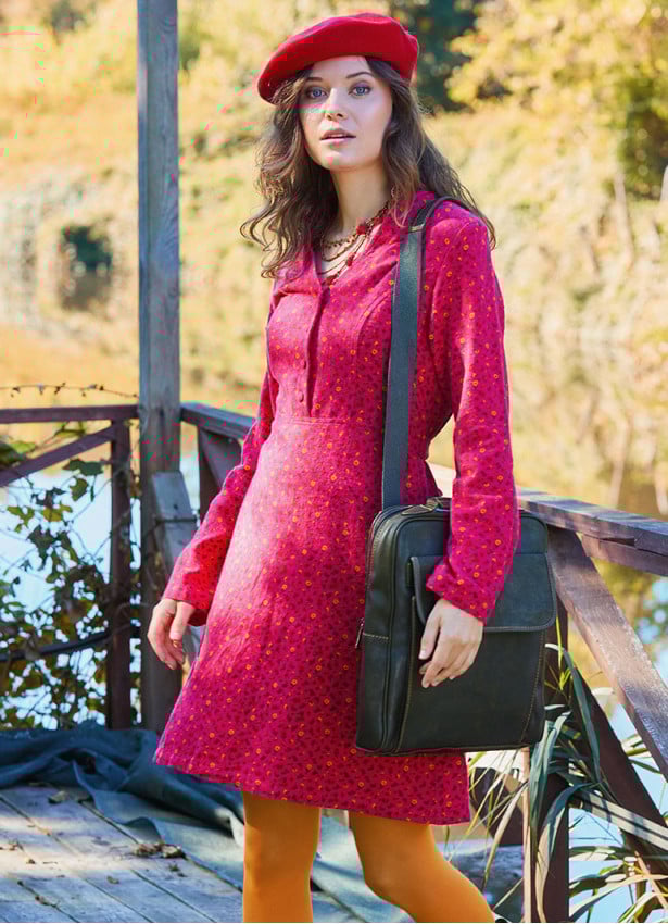 Fuchsia Flannel Dress with a Grandad Collar and Button Detail 4729