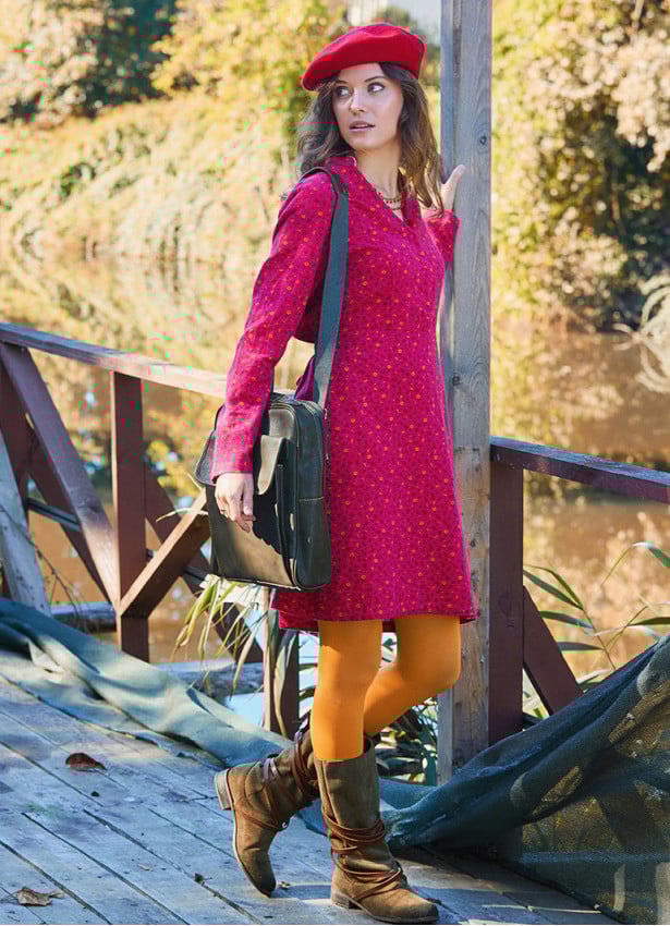 Fuchsia Flannel Dress with a Grandad Collar and Button Detail 4729
