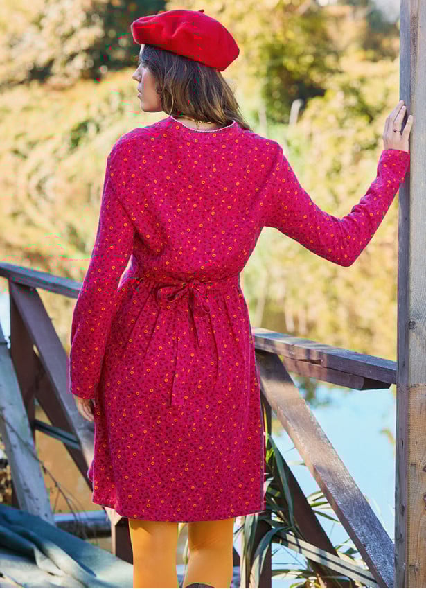 Fuchsia Flannel Dress with a Grandad Collar and Button Detail 4729