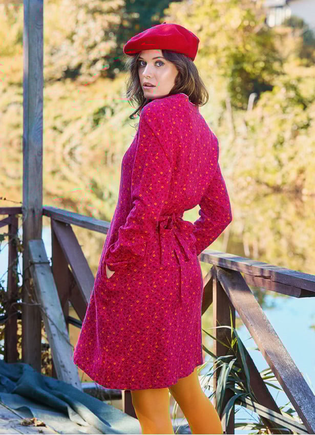 Fuchsia Flannel Dress with a Grandad Collar and Button Detail 4729