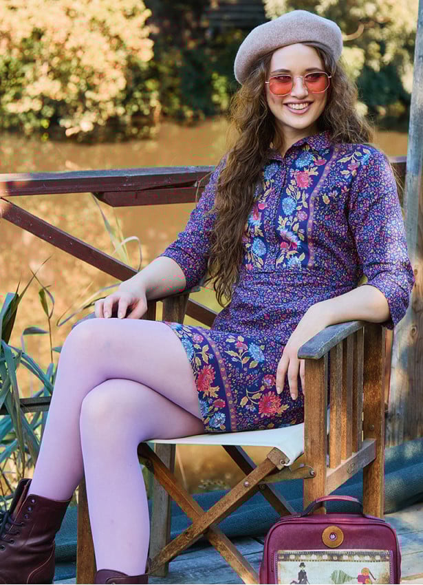 Pink Floral Winter Dress with Shirt Collar and Button Detail 4696